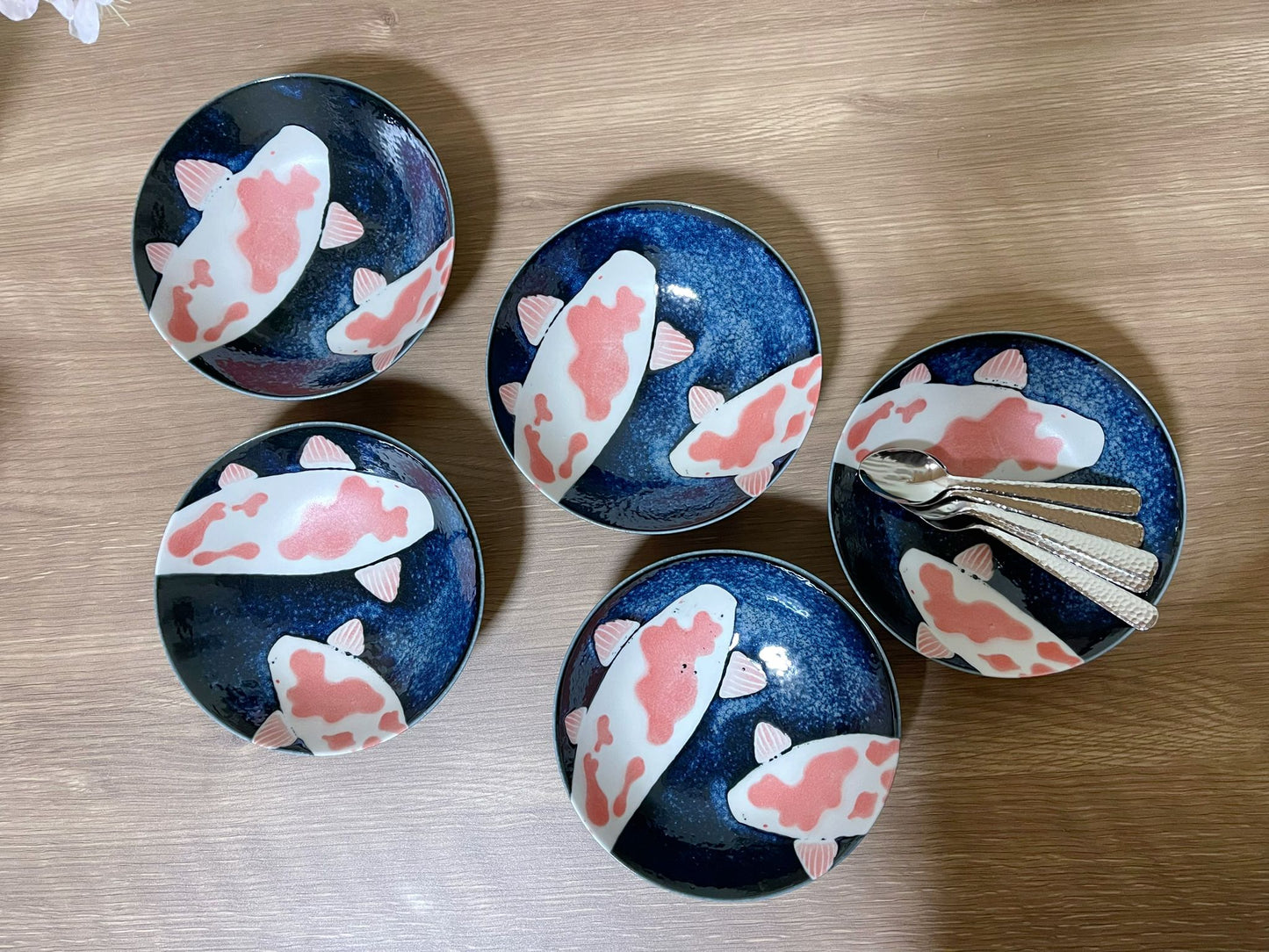 Set of 5, Koi Fish Plate Japanese Mino Ware Made in Japan Tableware Set handmade Salad Bowl/ Pickle Olive Dish/Ice Cream Bowl