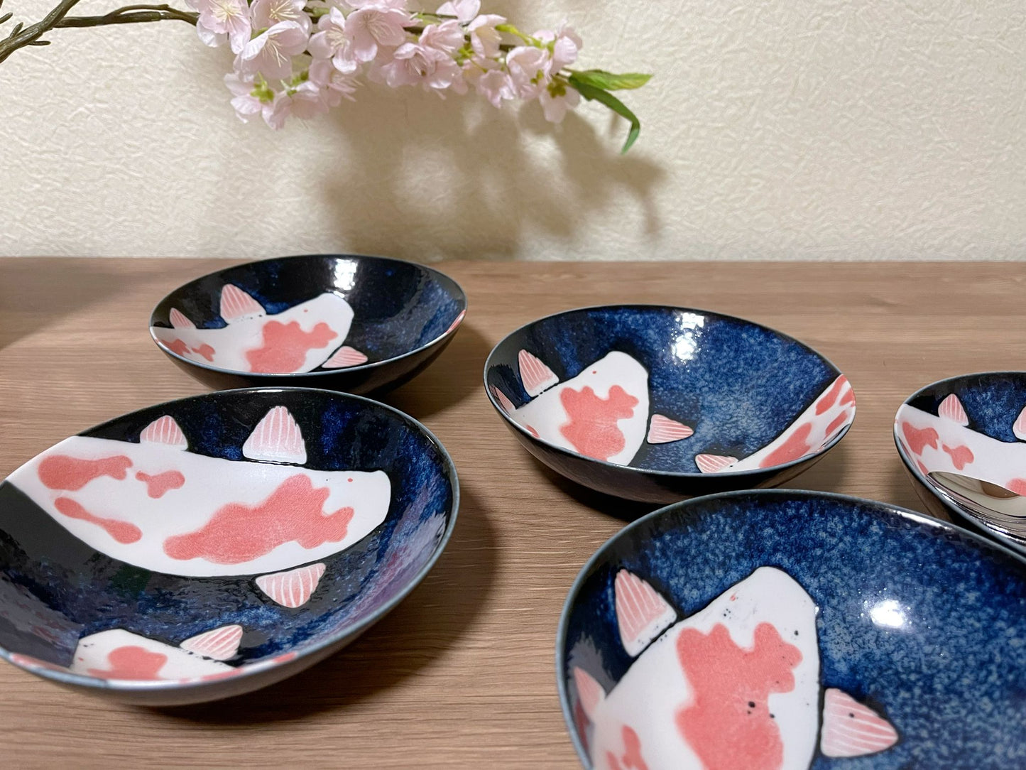 Set of 5, Koi Fish Plate Japanese Mino Ware Made in Japan Tableware Set handmade Salad Bowl/ Pickle Olive Dish/Ice Cream Bowl