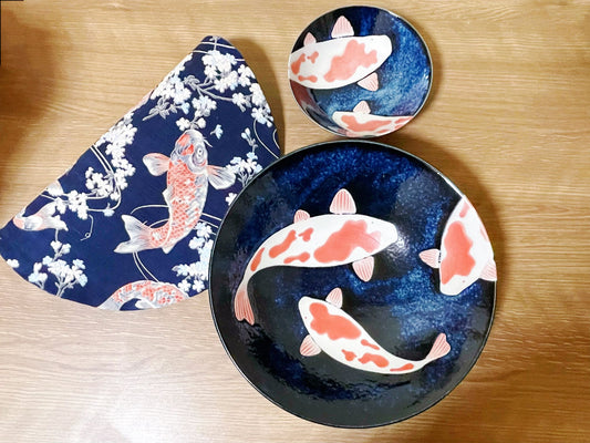 Set of 3, Koi Fish Ramen Bowl/Plate & Coaster Gift set|Japanese handmade Mino Ware Tableware Set| Authentic Japanese Tableware 25.5cm