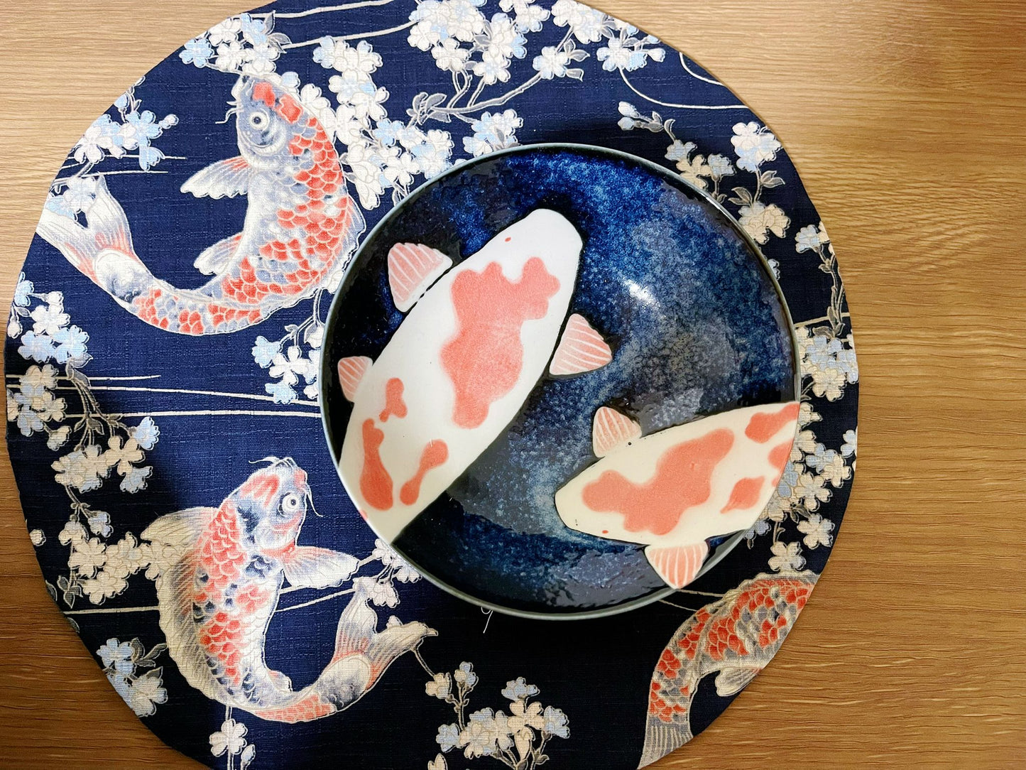 Set of 3, Koi Fish Ramen Bowl/Plate & Coaster Gift set|Japanese handmade Mino Ware Tableware Set| Authentic Japanese Tableware 25.5cm