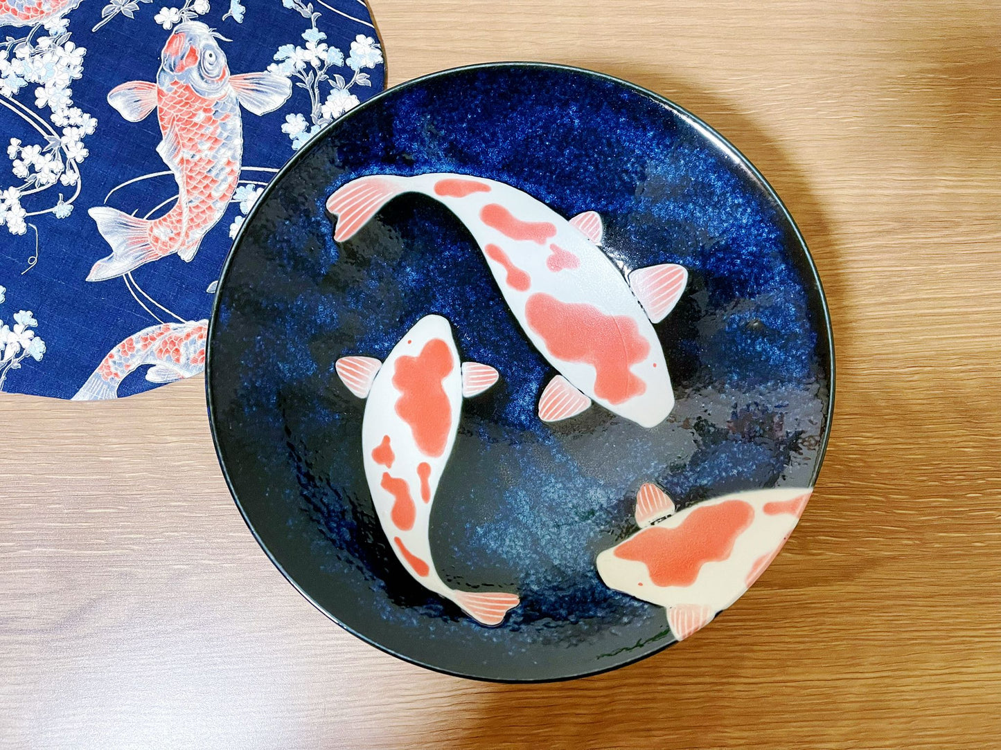 Set of 3, Koi Fish Ramen Bowl/Plate & Coaster Gift set|Japanese handmade Mino Ware Tableware Set| Authentic Japanese Tableware 25.5cm