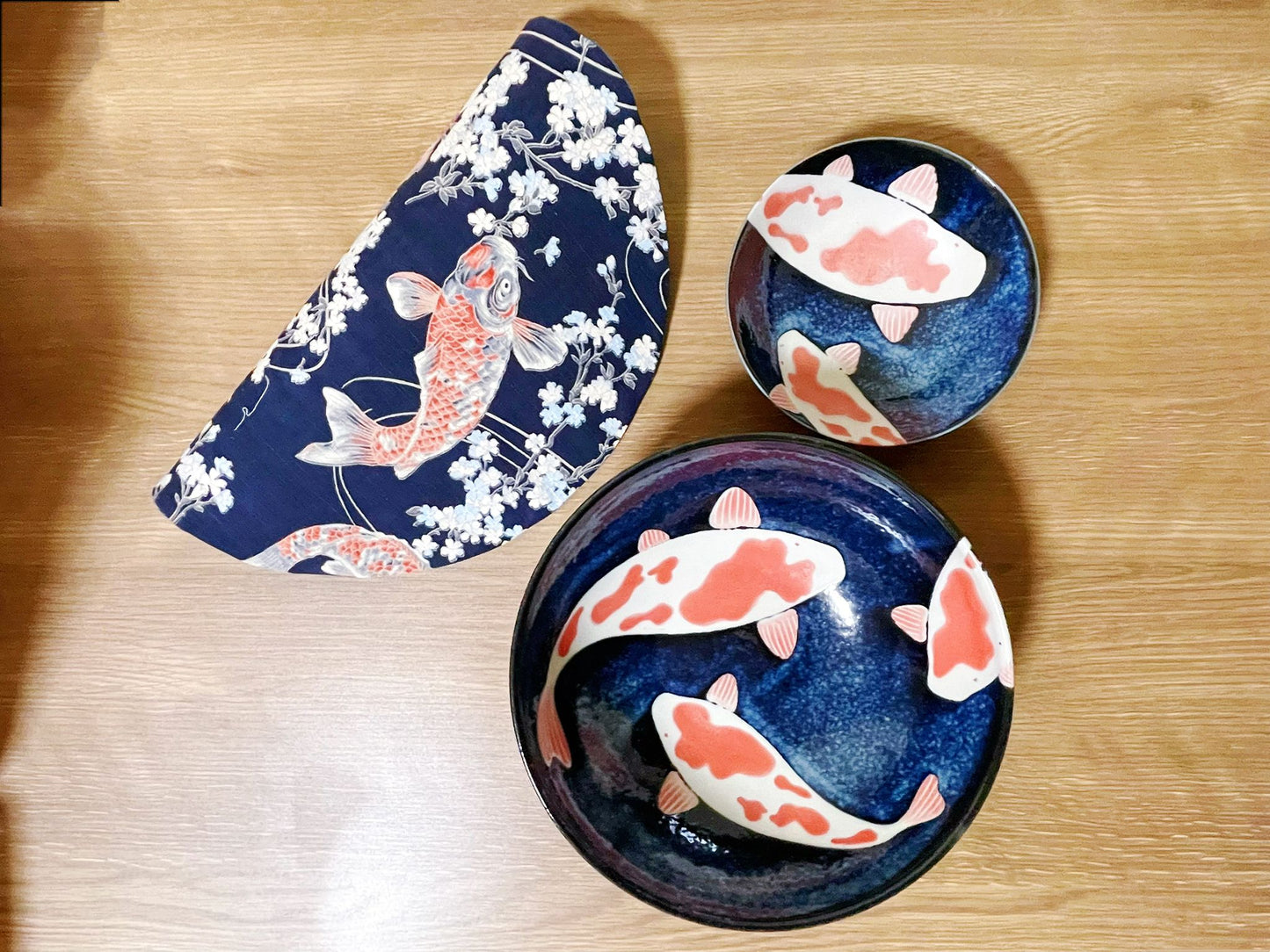 Set of 3, Koi Fish Ramen Bowl/Plate & Coaster Gift set|Japanese handmade Mino Ware Tableware Set| Authentic Japanese Tableware 21.5cm