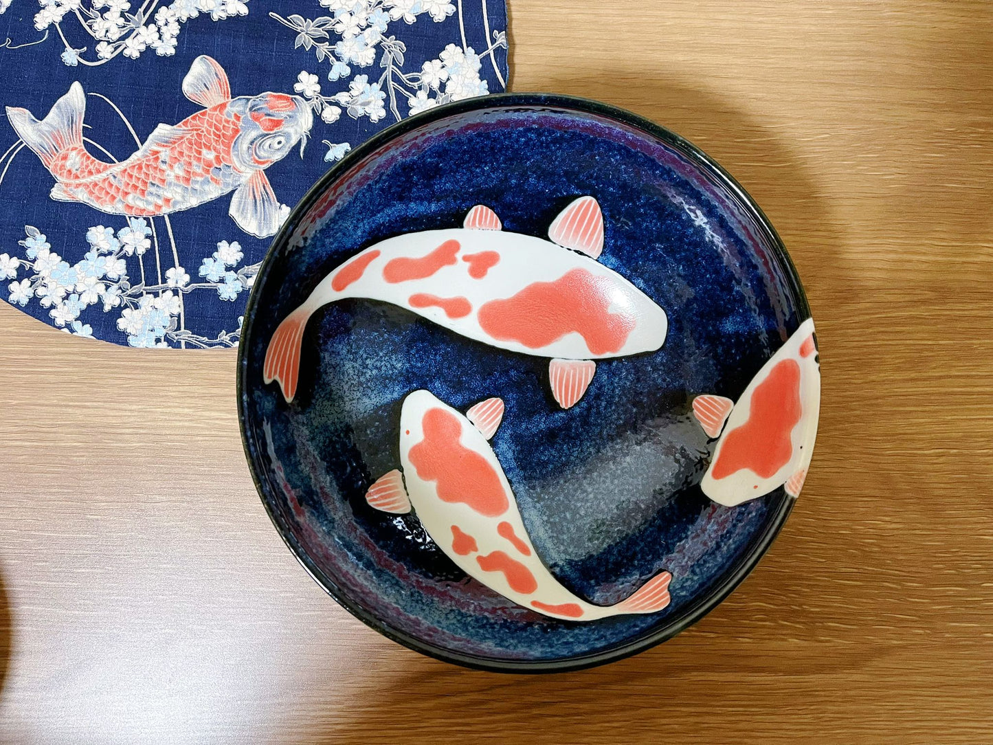 Set of 3, Koi Fish Ramen Bowl/Plate & Coaster Gift set|Japanese handmade Mino Ware Tableware Set| Authentic Japanese Tableware 21.5cm