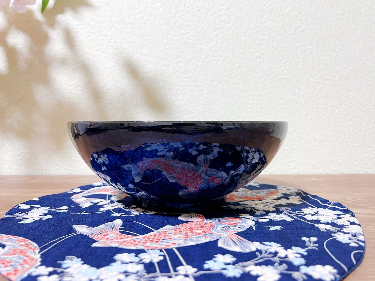 Set of 3, Koi Fish Ramen Bowl/Plate & Coaster Gift set|Japanese handmade Mino Ware Tableware Set| Authentic Japanese Tableware 21.5cm