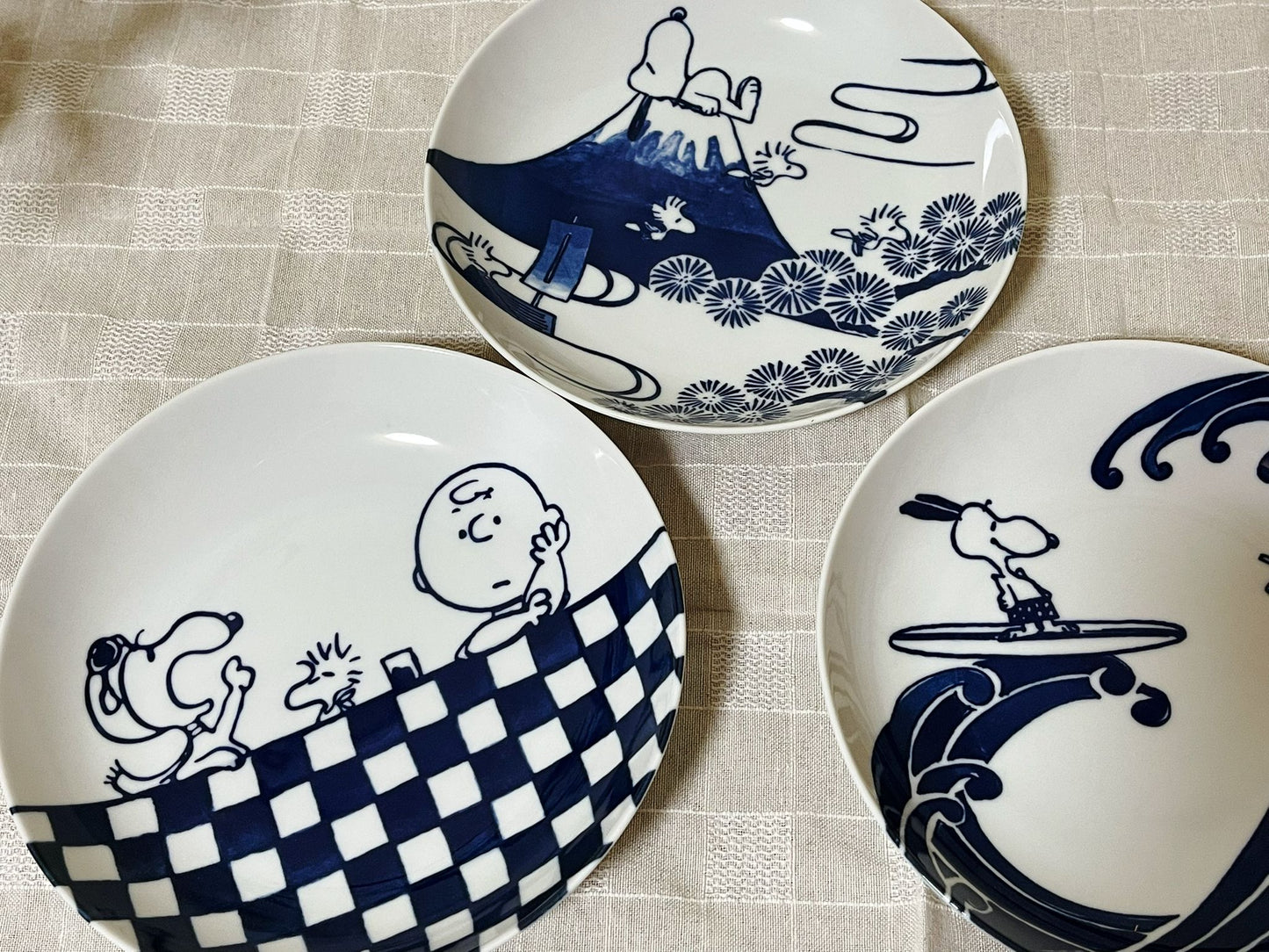 Set of 3 Snoopy Japan Indigo Sometsuke Pasta Plates | Peanuts Japan Snoopy & Charlie Brown Mt.Fuji The Great Wave Rare Collectable Tableware