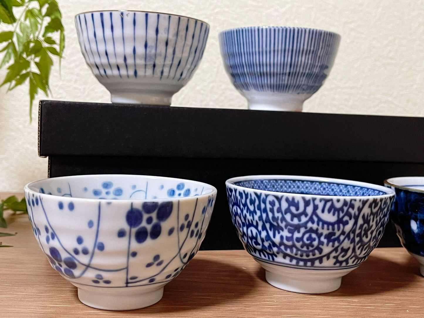 Set of 5, Japanese Ceramic Tea Cups|Authentic Indigo-Dyed Handmade Tea Bowl Gift Set|Floral Pattern Salad Fruit Bowl|Ice Cream Bowls