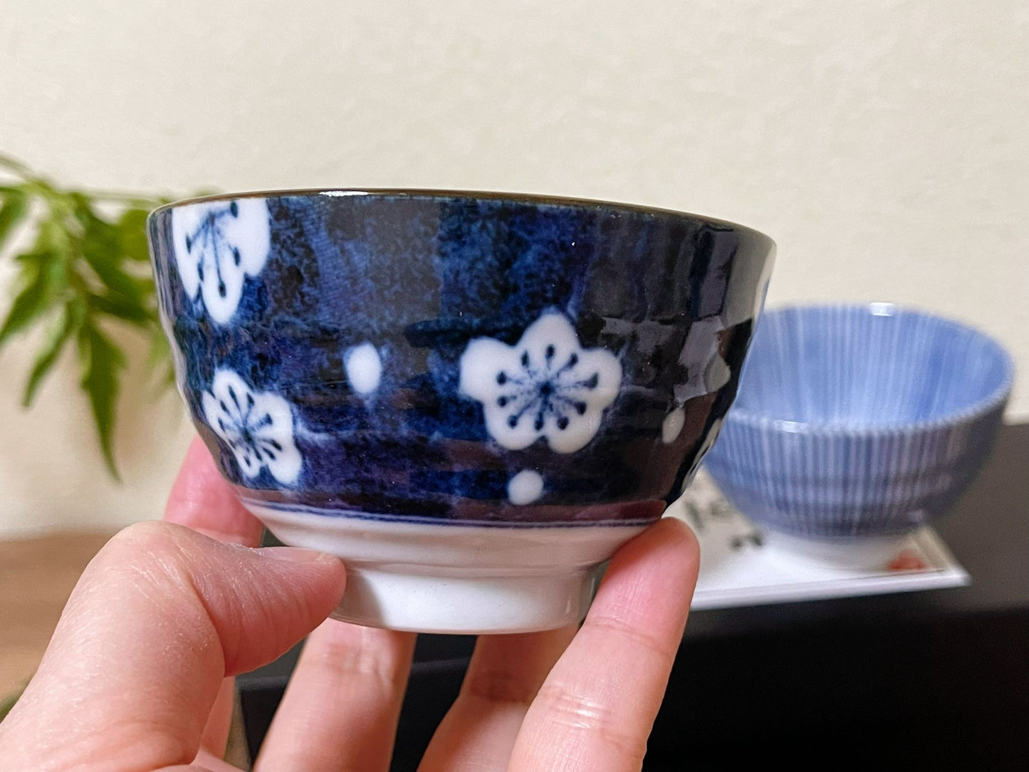 Set of 5, Japanese Ceramic Tea Cups|Authentic Indigo-Dyed Handmade Tea Bowl Gift Set|Floral Pattern Salad Fruit Bowl|Ice Cream Bowls