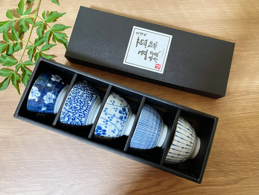 Set of 5, Japanese Ceramic Tea Cups|Authentic Indigo-Dyed Handmade Tea Bowl Gift Set|Floral Pattern Salad Fruit Bowl|Ice Cream Bowls