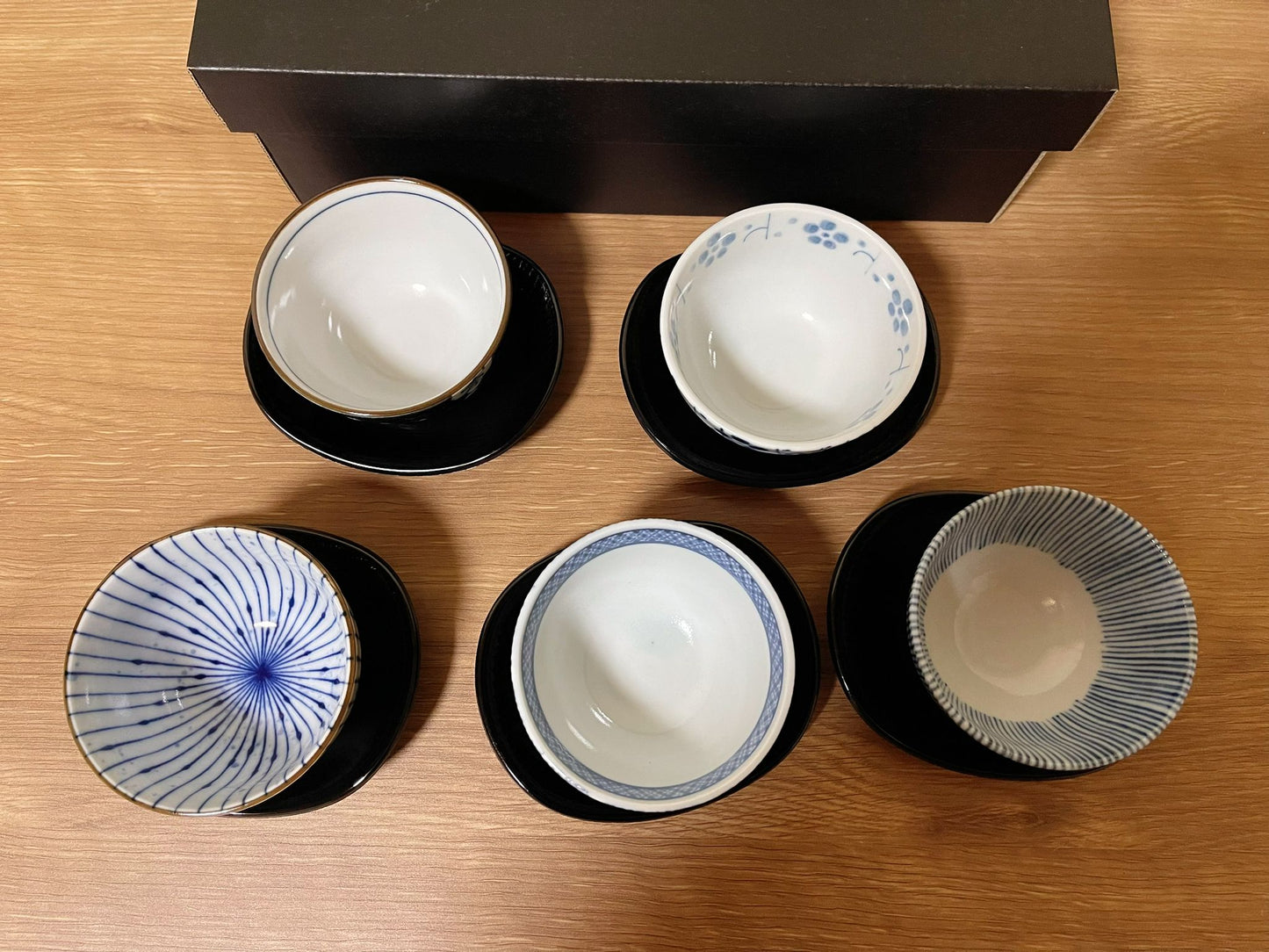 10 Piece Nordic Japanese Condiment Bowl/ Appetizer Plate Set with Modern Stripes Floral Patterns | Blue White Petite Olive Dish in Gift Box