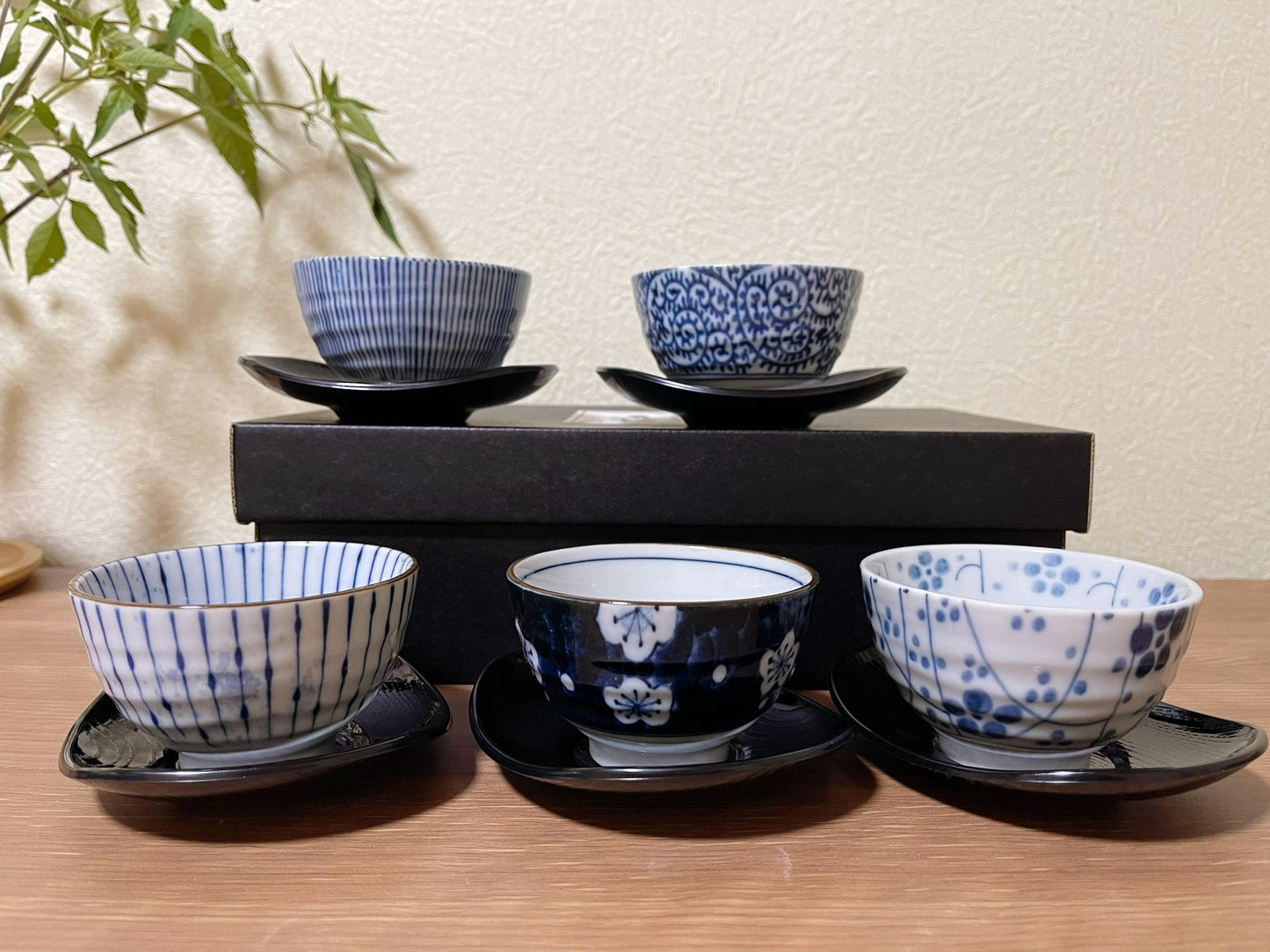 10 Piece Nordic Japanese Condiment Bowl/ Appetizer Plate Set with Modern Stripes Floral Patterns | Blue White Petite Olive Dish in Gift Box