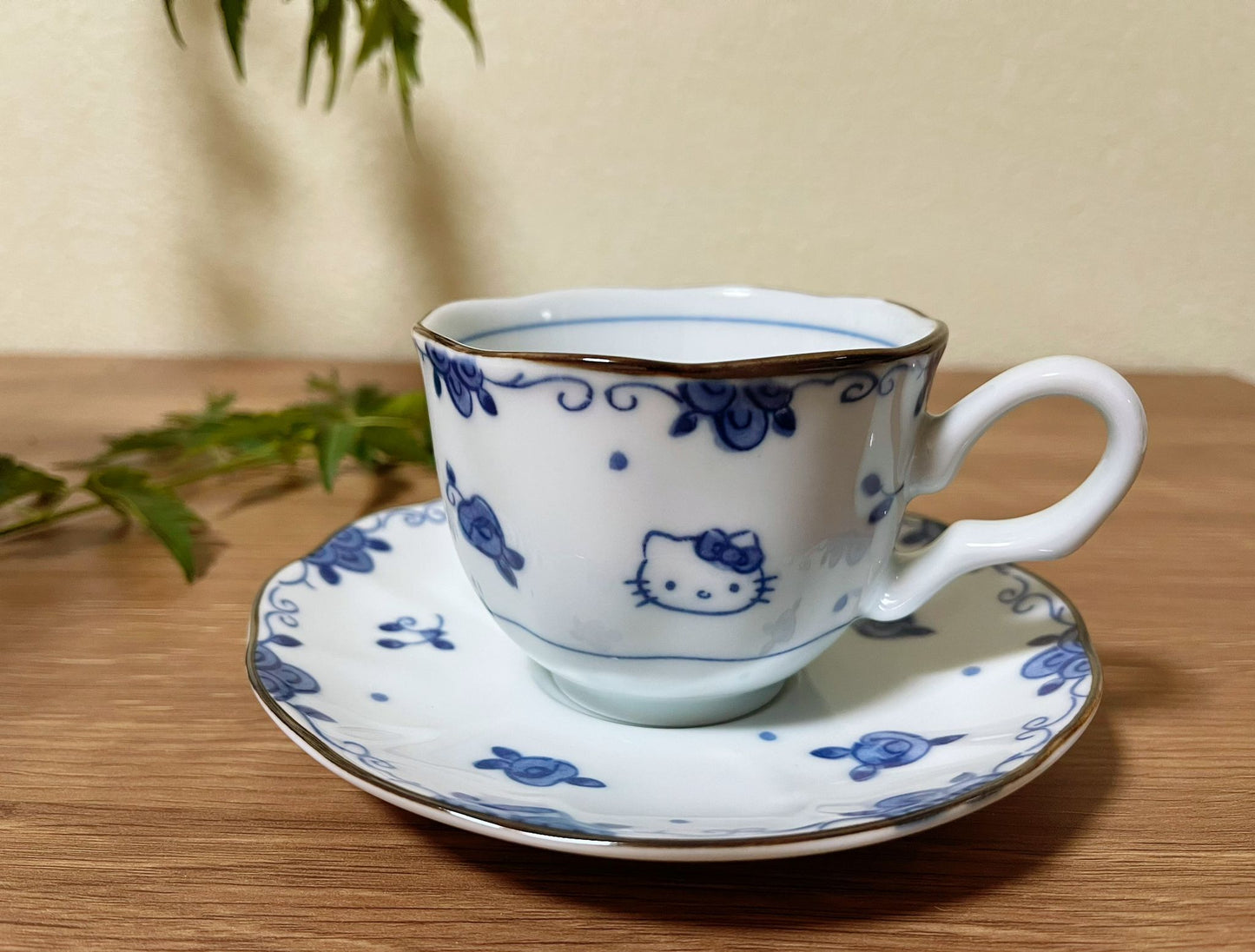 Set of 2, Handmade Hello Kitty Blue Ceramic Coffee Cup Set with Saucer| Japanese Lace Edge Saucer Floral Motifs Cat Coffee Tea Mugs