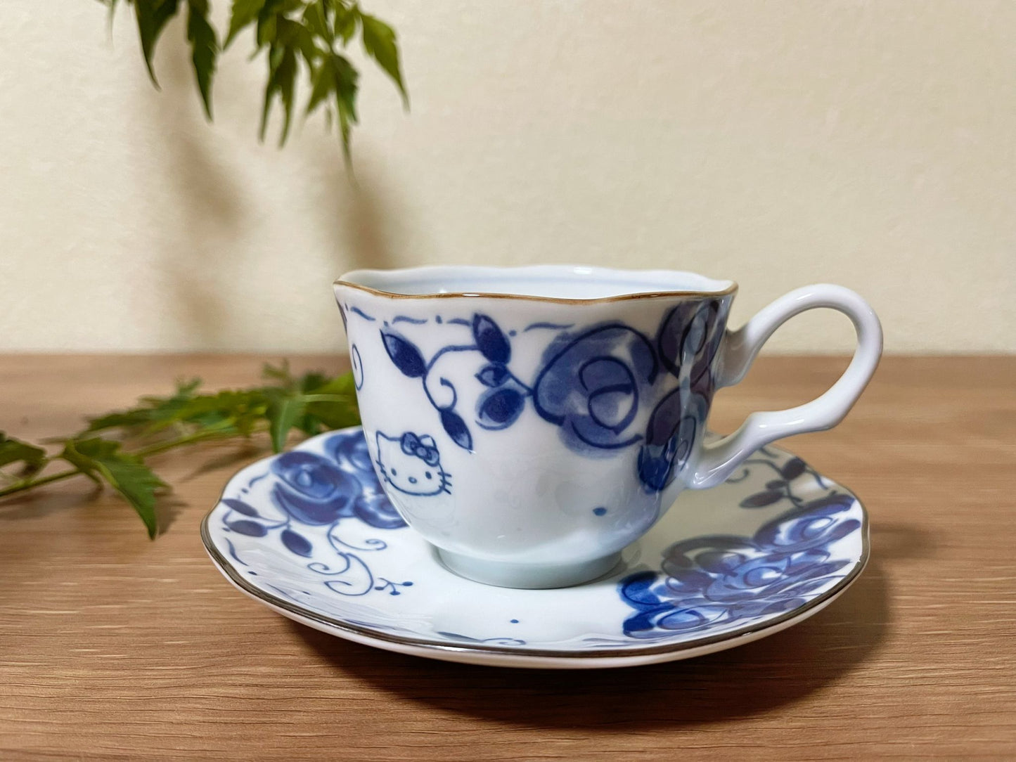 Set of 2, Handmade Hello Kitty Blue Ceramic Coffee Cup Set with Saucer| Japanese Lace Edge Saucer Floral Motifs Cat Coffee Tea Mugs