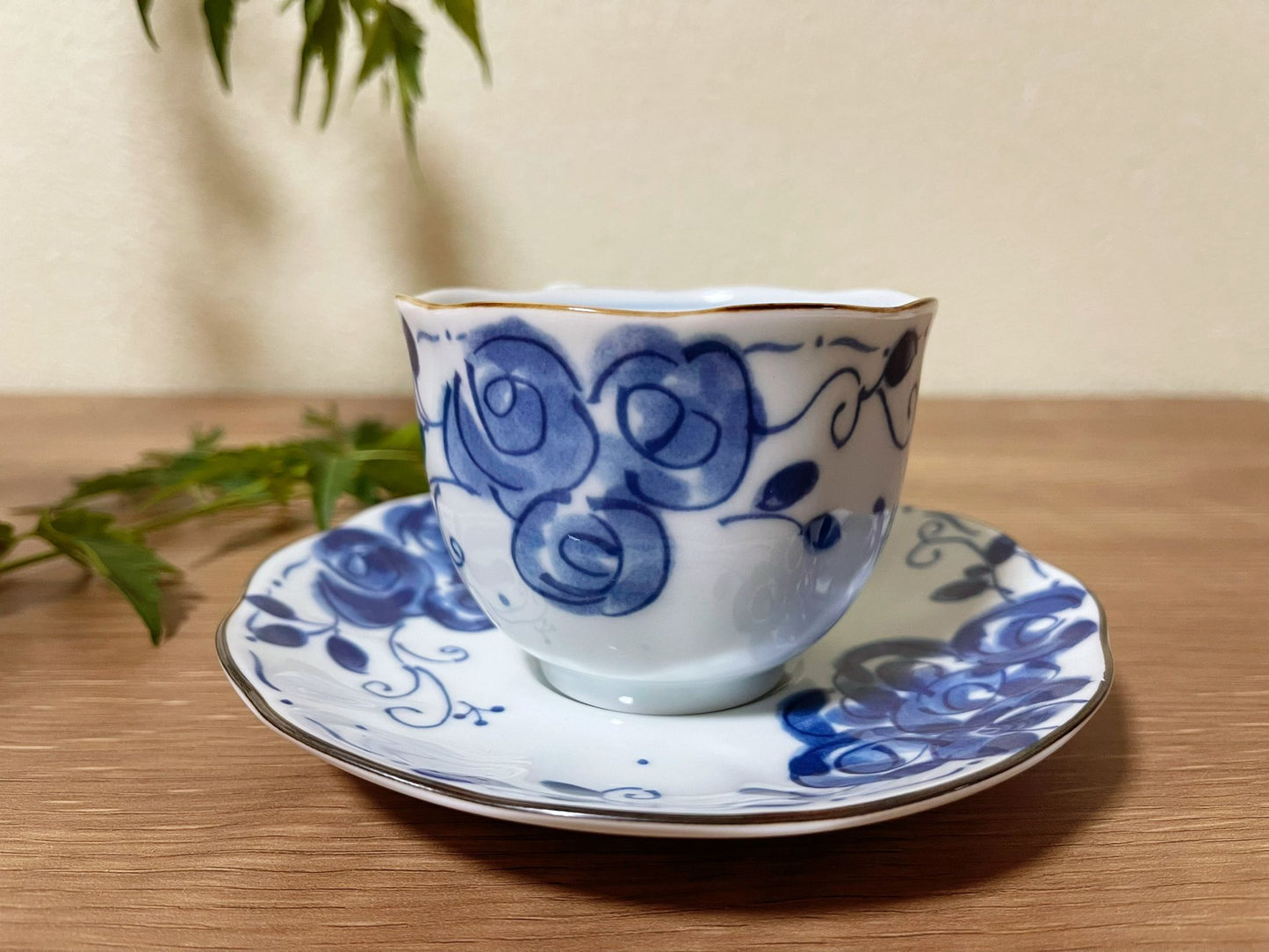 Set of 2, Handmade Hello Kitty Blue Ceramic Coffee Cup Set with Saucer| Japanese Lace Edge Saucer Floral Motifs Cat Coffee Tea Mugs