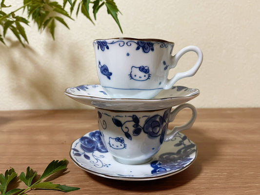 Set of 2, Handmade Hello Kitty Blue Ceramic Coffee Cup Set with Saucer| Japanese Lace Edge Saucer Floral Motifs Cat Coffee Tea Mugs