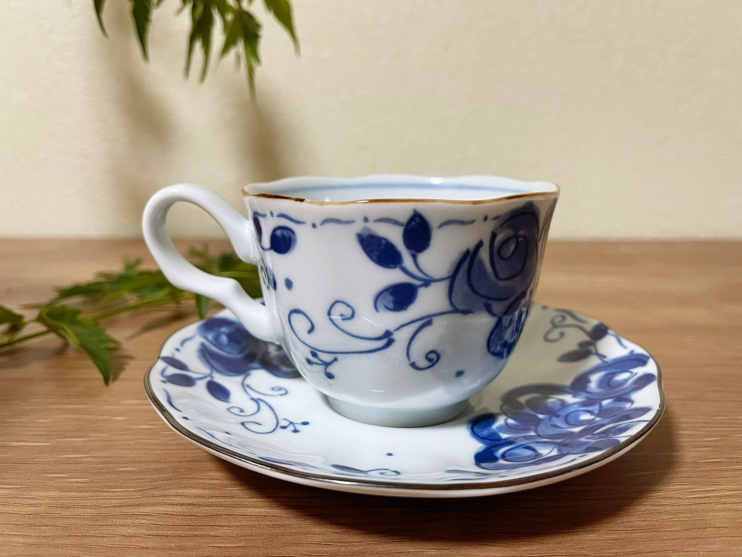 Set of 2, Handmade Hello Kitty Blue Ceramic Coffee Cup Set with Saucer| Japanese Lace Edge Saucer Floral Motifs Cat Coffee Tea Mugs