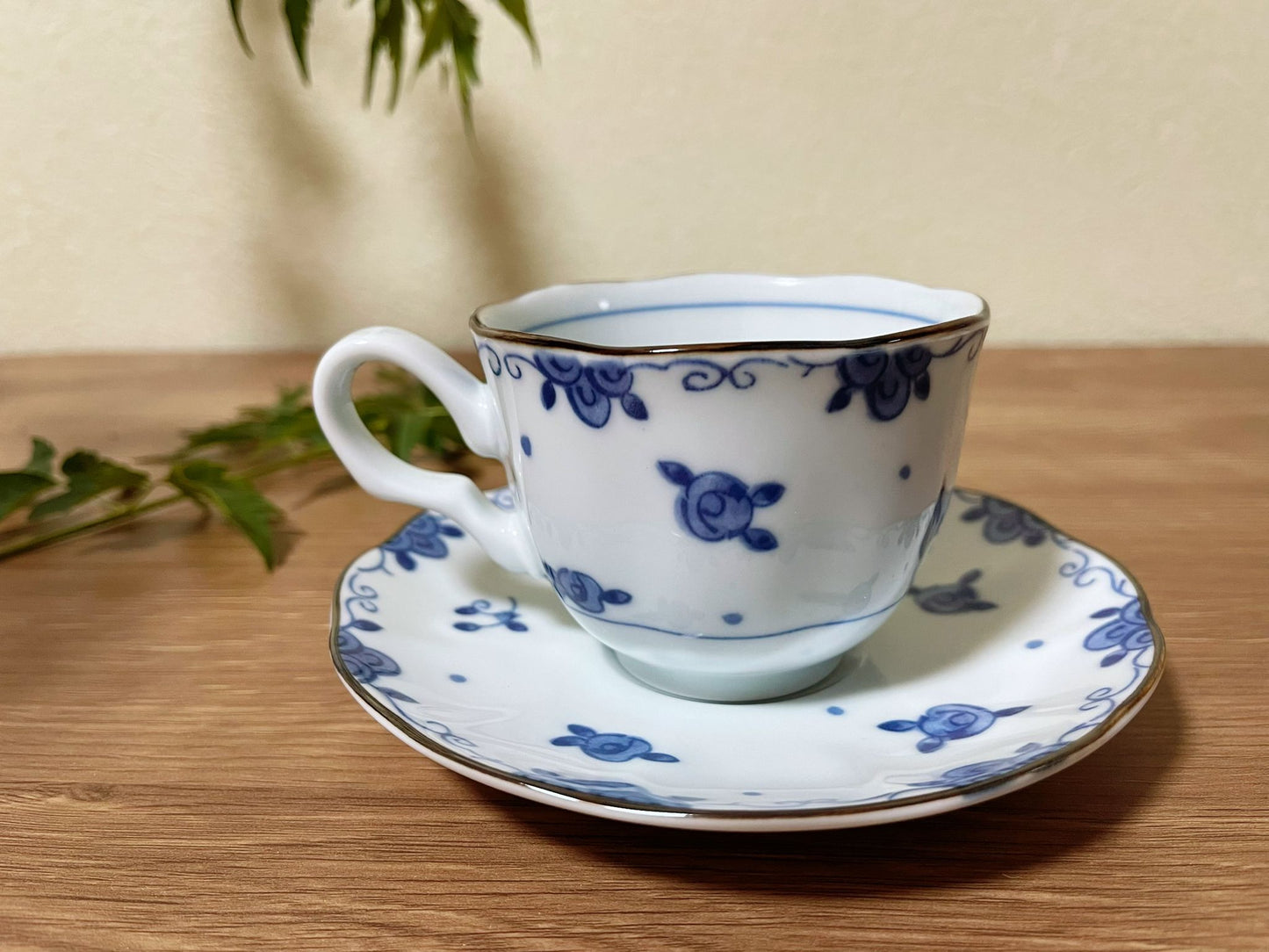 Set of 2, Handmade Hello Kitty Blue Ceramic Coffee Cup Set with Saucer| Japanese Lace Edge Saucer Floral Motifs Cat Coffee Tea Mugs