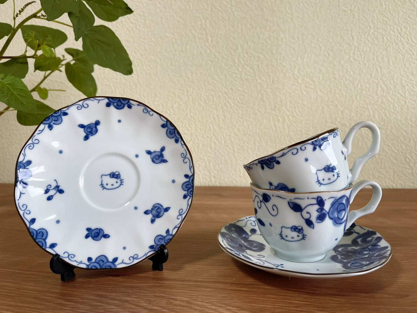 Set of 2, Handmade Hello Kitty Blue Ceramic Coffee Cup Set with Saucer| Japanese Lace Edge Saucer Floral Motifs Cat Coffee Tea Mugs