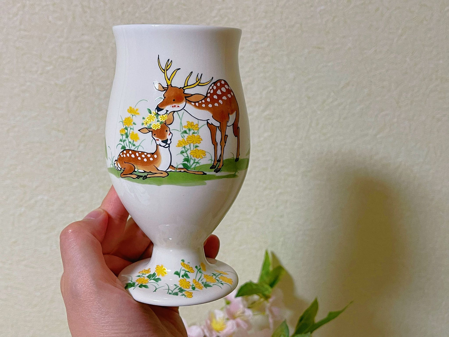 Set of 1,Japanese Mino Ware Handmade Deer Ceramic Goblet | Sakura Pottery Water Cup/Wine Cup / Beer Cup / Cherry Blossoms Tea Cup Gift Set