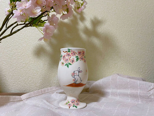 Piece Gift box,Japanese Mino Ware Handmade Sakura Rabbit Ceramic Goblet, Mino Yaki Bunny Cherry Blossoms Pattern Pottery Water/Wine Cu