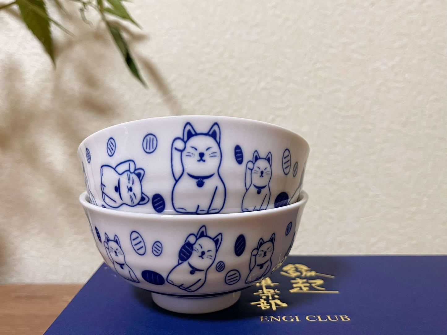 Set of 2,Jpaneese Mino Ware  Lucky Cat Ceramic Bowl Gift Box ｜Mino Yaki Maneki Neko Bowl Set