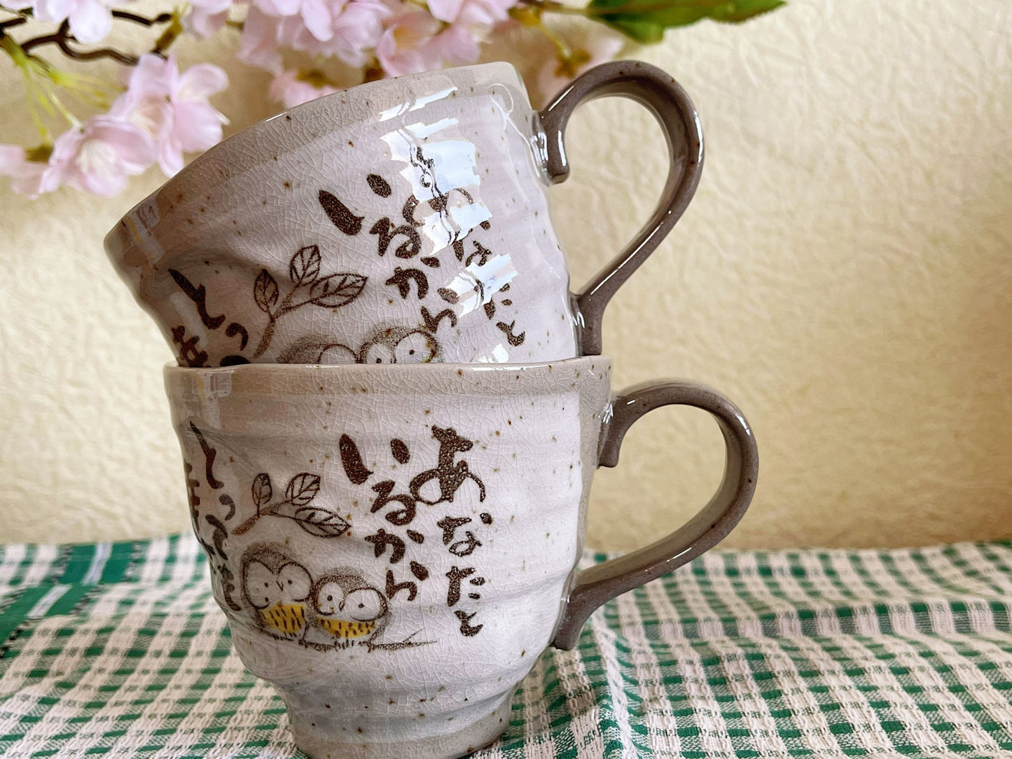 Set of 3,Japanese Kutani Ware Ceramic Coffee Mug Gift Set, Owl Tea Cup/Coffee Mug,Blessing Lucky Pattern Pottery Mug