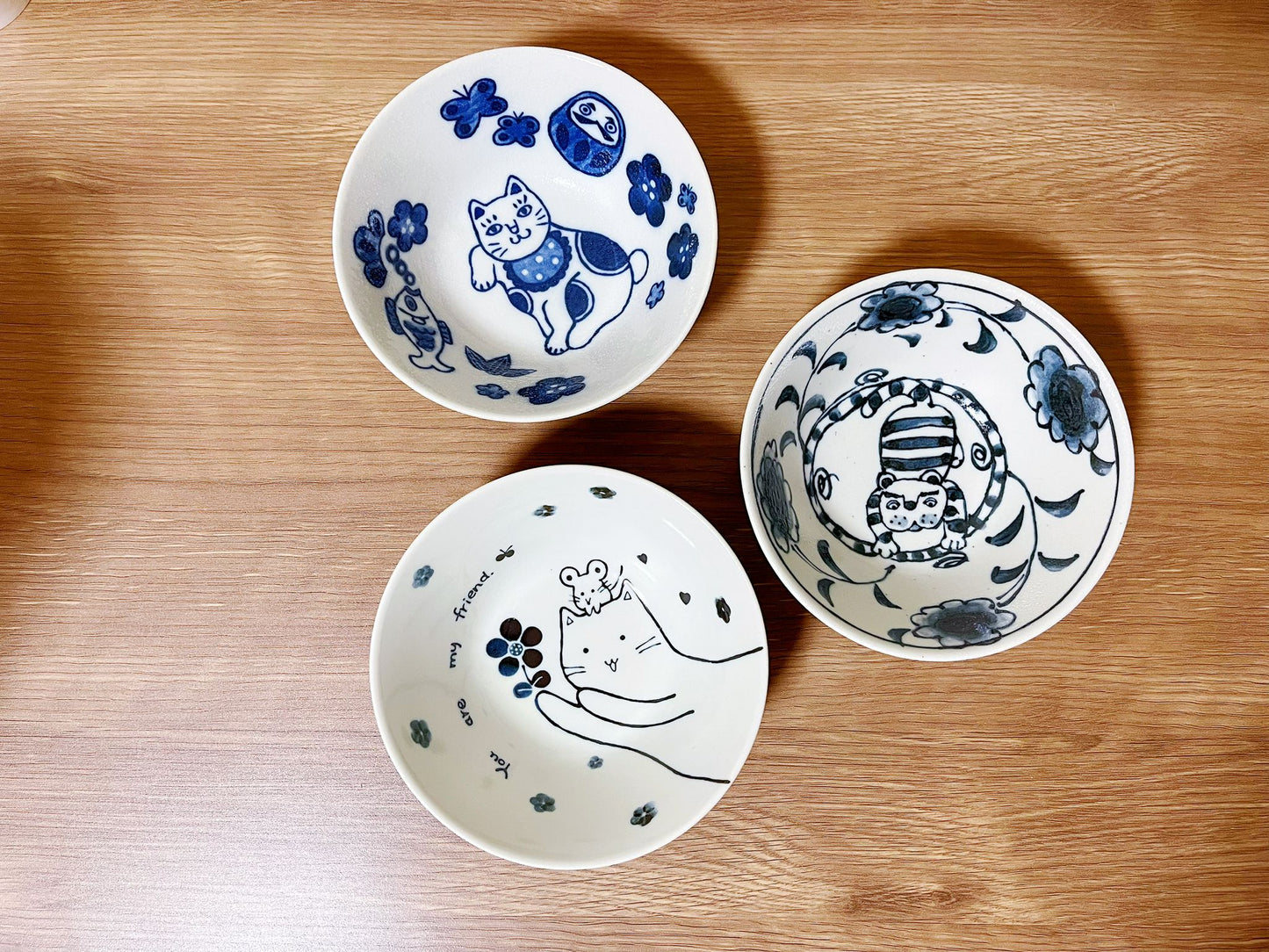 3 Pieces, Charming Japanese Mino Ware Lucky Cat Daruma Bowls Set | Cherry Blossoms Cat and Mouse Collector's Item