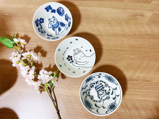 3 Pieces, Charming Japanese Mino Ware Lucky Cat Daruma Bowls Set | Cherry Blossoms Cat and Mouse Collector's Item