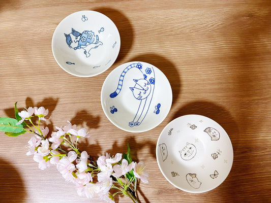 3 Pieces,Handcrafted, Authentic Japanese Mino Yaki Ceramic Cat Bowls Gift Set,Whimsical Kitty Bowls Set,Perfect for Salads,Snacks&Desserts