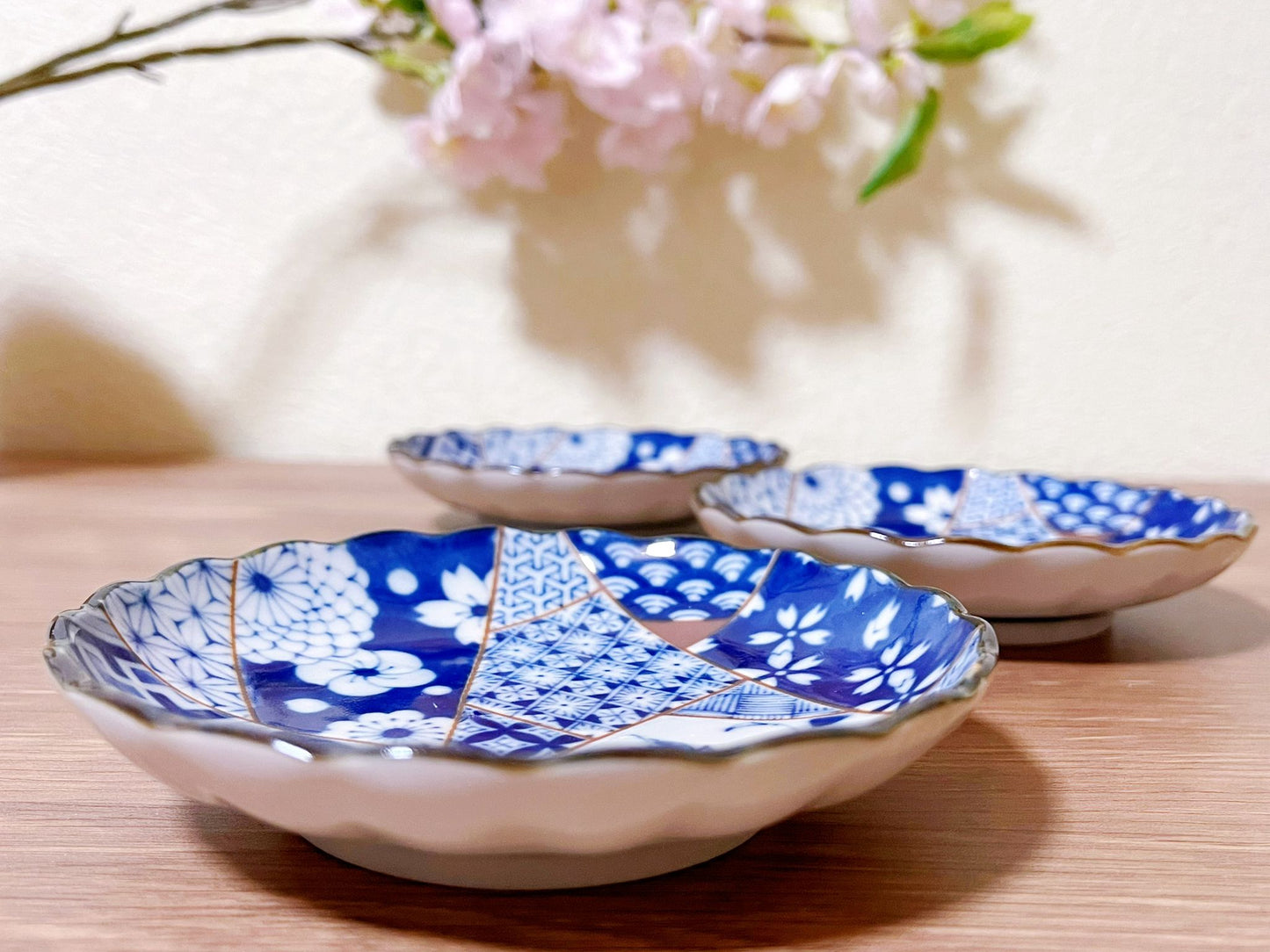 Set of 3,Kintugi Style Sakura Plates |Exquisite Japan Mino Ware Handmade Ceramic Dishes | Tapas Desserts |Soy Sauce Plate/ Pickle Olive Dish