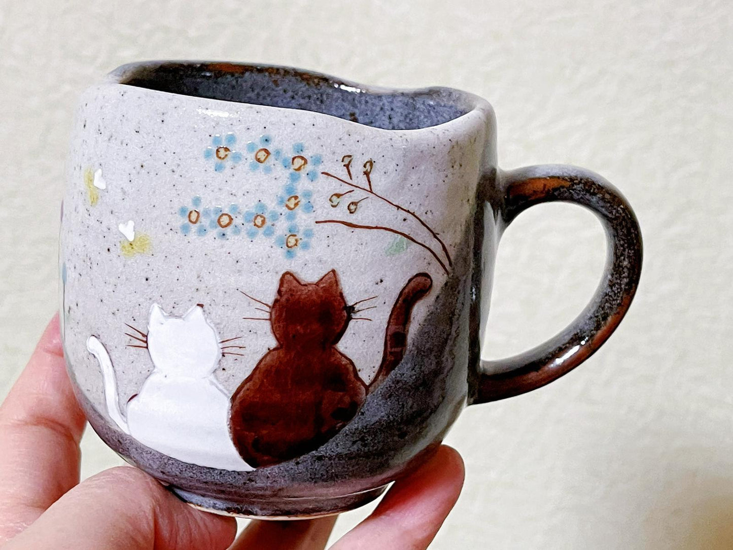 Japanese Kutani Yaki Handmade Cat Cup Coffee Cup Tea Cup Gift, Sakura Kitten Ceramic Household Cup,Made in Japan,Afternoon Tea Cup