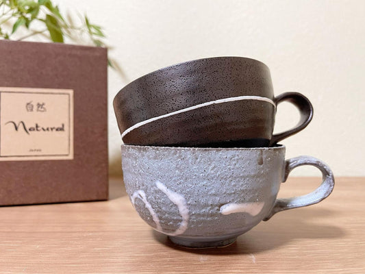 Pair of 2 Wabi Sabi Handmade Minoyaki Latte Bowl/ Soup Mug with Handle | Black & Gray Japanese Pottery Coffee, Tea, Soup Cup in Gift Box