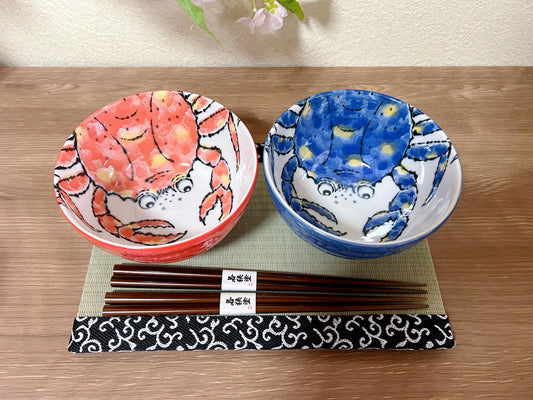 Japanese Handmade Mino Ware Crab Pattern Ceramic Bowl, Rice Bowl, Soup Bowl, and Chopsticks Set, Blue&Red Seafood Bowl Set,Made in Japan