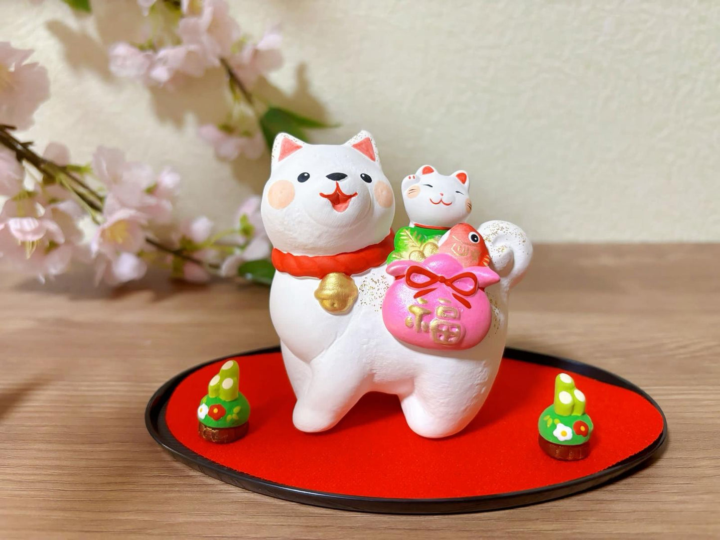 Japanese Shiba Dog & Lucky Cat Ornament | Handmade Kitten Figurine Gift | Goldfish Desktop Ornament | Lucky Kitty Desk Accessories