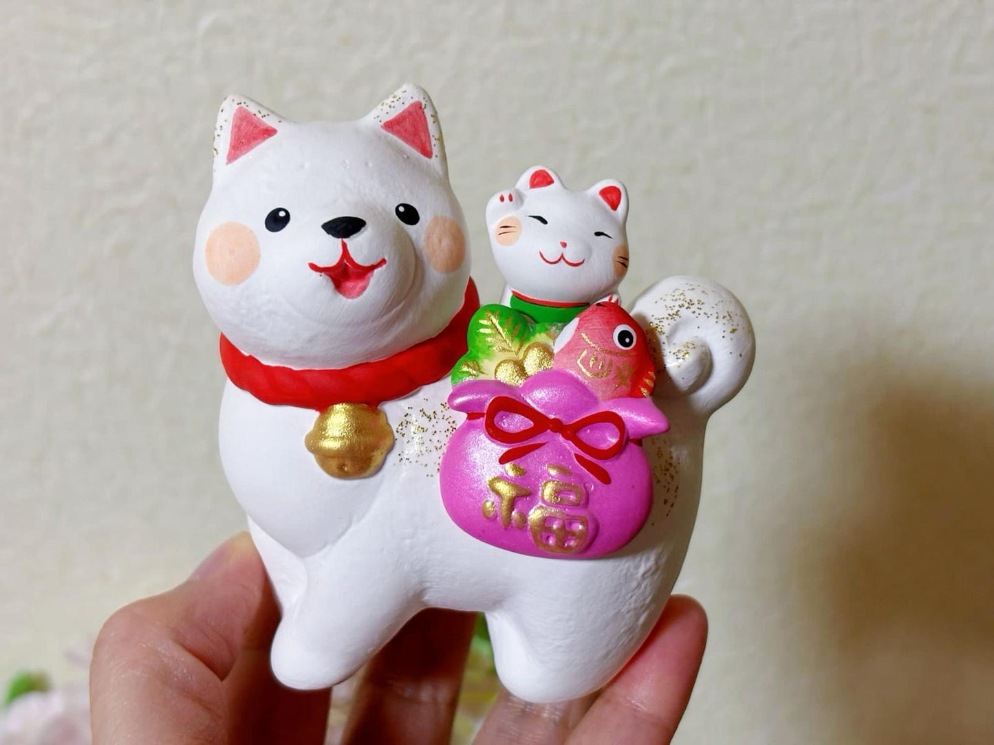 Japanese Shiba Dog & Lucky Cat Ornament | Handmade Kitten Figurine Gift | Goldfish Desktop Ornament | Lucky Kitty Desk Accessories