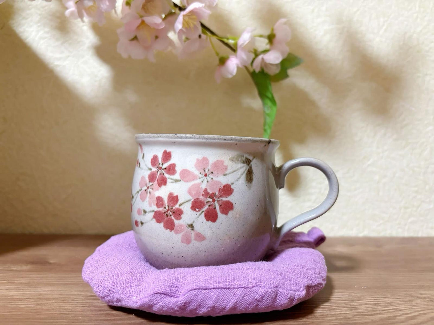 Japanese Handmade Ceramic Sakura Coffee Mug | Mino Ware Cherry Blossoms Tea Cups & Coaster Gift Set