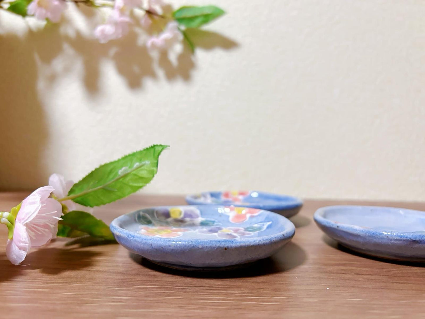 Set of 3,Japanese Handmade Ceramic Plates Gift Set| Mino Ware Dish ware | Sakura Soy Sauce Plate | Olive Pickle Dish / Appetizer Plate