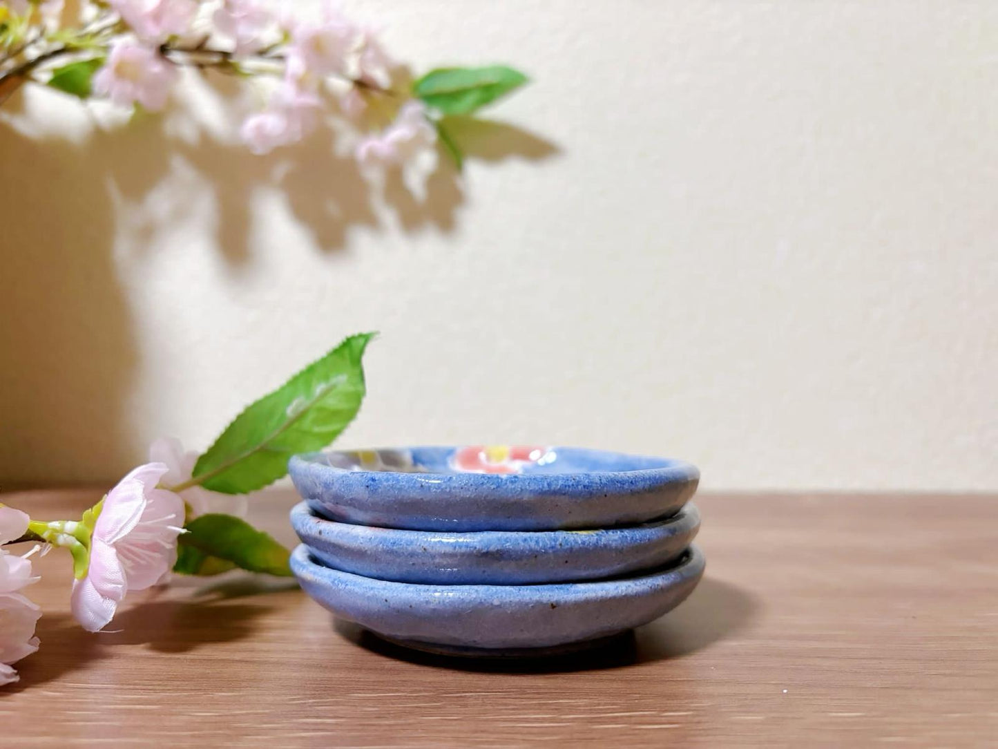 Set of 3,Japanese Handmade Ceramic Plates Gift Set| Mino Ware Dish ware | Sakura Soy Sauce Plate | Olive Pickle Dish / Appetizer Plate