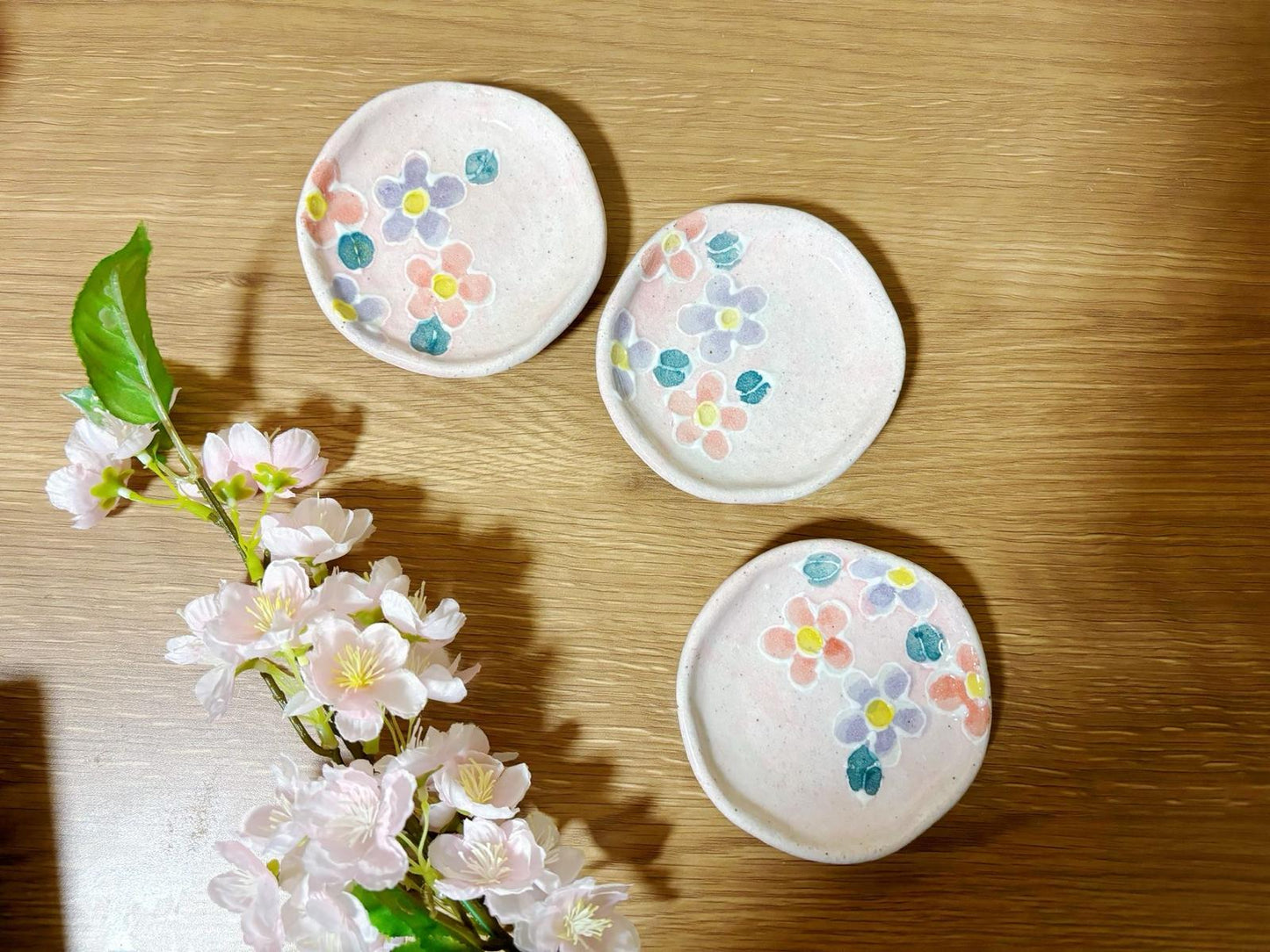 Set of 3,Japanese Handmade Ceramic Plates Gift Set| Mino Ware Dish ware | Sakura Soy Sauce Plate | Olive Pickle Dish / Appetizer Plate