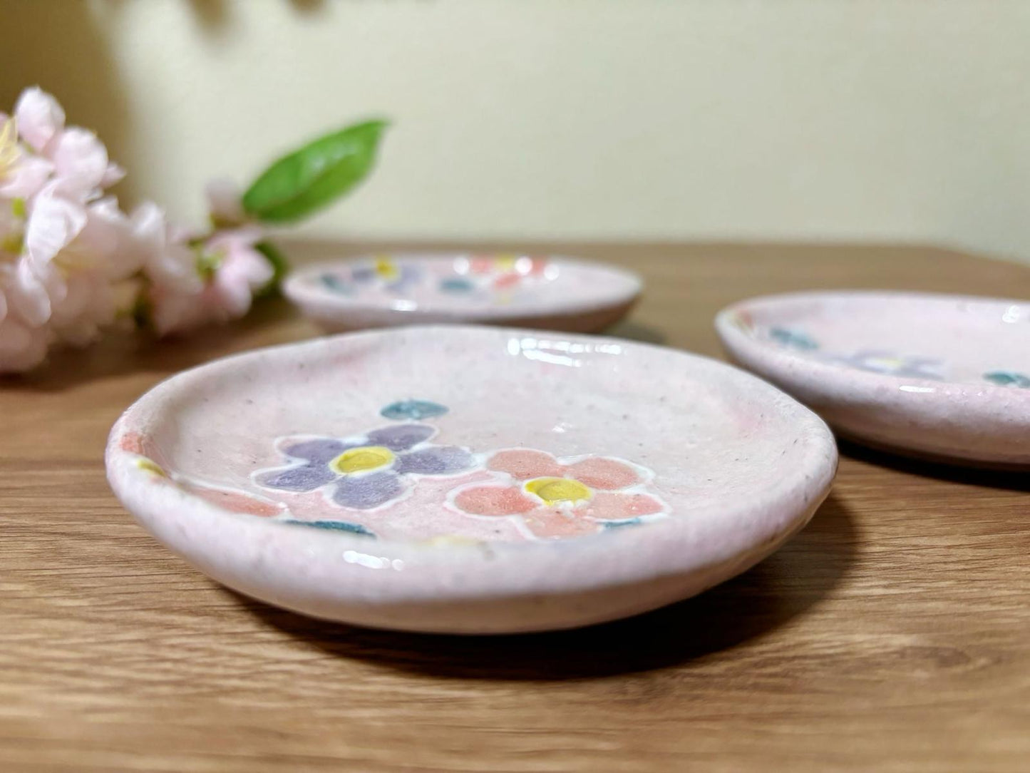 Set of 3,Japanese Handmade Ceramic Plates Gift Set| Mino Ware Dish ware | Sakura Soy Sauce Plate | Olive Pickle Dish / Appetizer Plate