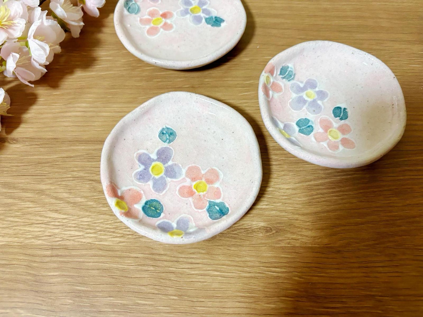 Set of 3,Japanese Handmade Ceramic Plates Gift Set| Mino Ware Dish ware | Sakura Soy Sauce Plate | Olive Pickle Dish / Appetizer Plate