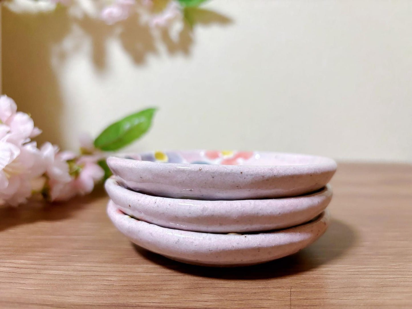 Set of 3,Japanese Handmade Ceramic Plates Gift Set| Mino Ware Dish ware | Sakura Soy Sauce Plate | Olive Pickle Dish / Appetizer Plate