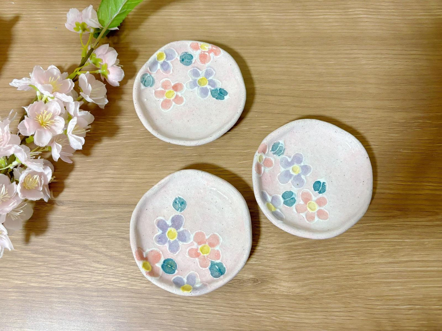 Set of 3,Japanese Handmade Ceramic Plates Gift Set| Mino Ware Dish ware | Sakura Soy Sauce Plate | Olive Pickle Dish / Appetizer Plate