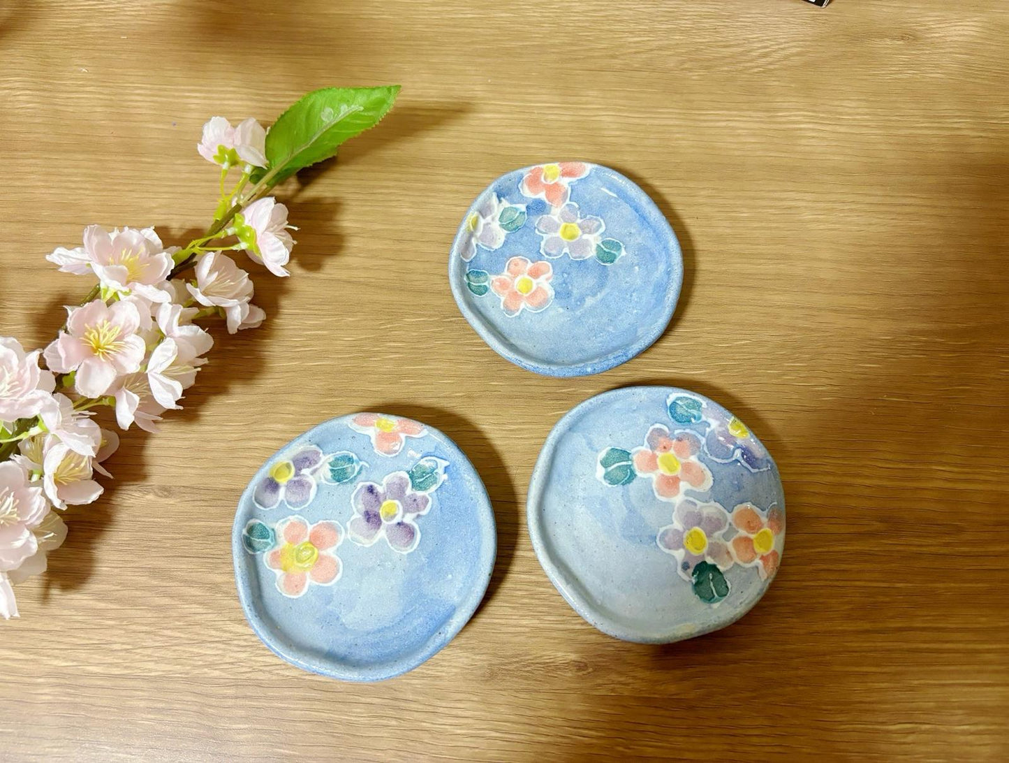 Set of 3,Japanese Handmade Ceramic Plates Gift Set| Mino Ware Dish ware | Sakura Soy Sauce Plate | Olive Pickle Dish / Appetizer Plate