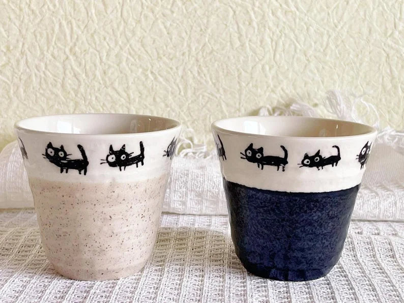 Pair of Kuroneko Round Latte Bowls/ Tea Mugs/ Soup Cup | Handmade Cute Japanese Black Cat Spoon Minoyaki 4 Piece Cup - Black & Beige Gift