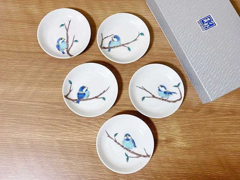 5 Pieces, Kutani Yaki Handmade Birds Flower Small Plate Gift Set | Japanese Dishware Gift Set | Sauce Dishes/Appetizer Plates/Olive pickle