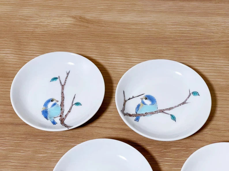 5 Pieces, Kutani Yaki Handmade Birds Flower Small Plate Gift Set | Japanese Dishware Gift Set | Sauce Dishes/Appetizer Plates/Olive pickle