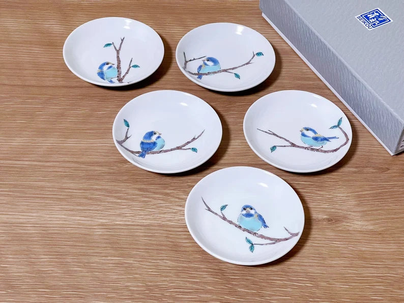 5 Pieces, Kutani Yaki Handmade Birds Flower Small Plate Gift Set | Japanese Dishware Gift Set | Sauce Dishes/Appetizer Plates/Olive pickle