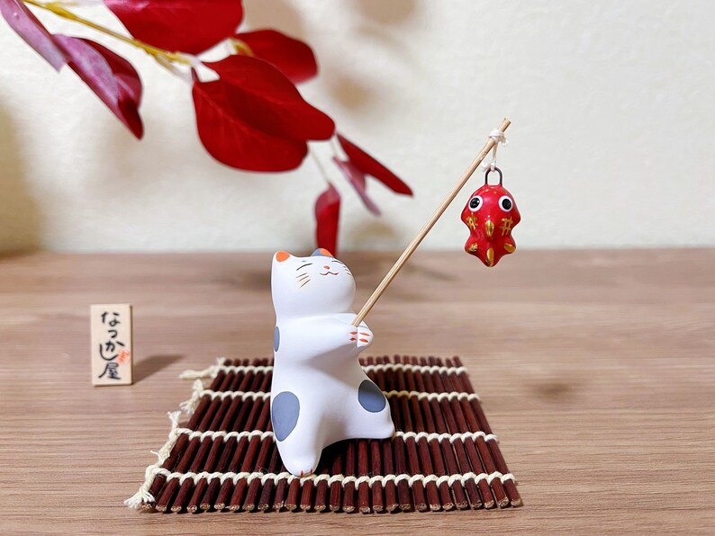 Japanese Handmade Cute Cat Fishing Figurine | Maneki Neko Ornament | Kawaii Lucky Cat /Wealth and Blessings / Cat & Fish Gift Set