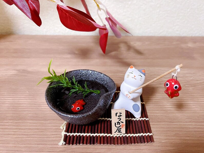 Japanese Handmade Cute Cat Fishing Figurine | Maneki Neko Ornament | Kawaii Lucky Cat /Wealth and Blessings / Cat & Fish Gift Set