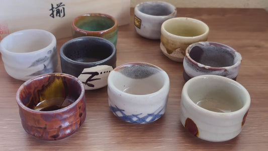 9 Piece Minoyaki Folk Inspired Teacups / Sake Cups | Set of 5 Unique Handmade Japanese Minoware Ceramic Tea Cups in Wooden Giftbox